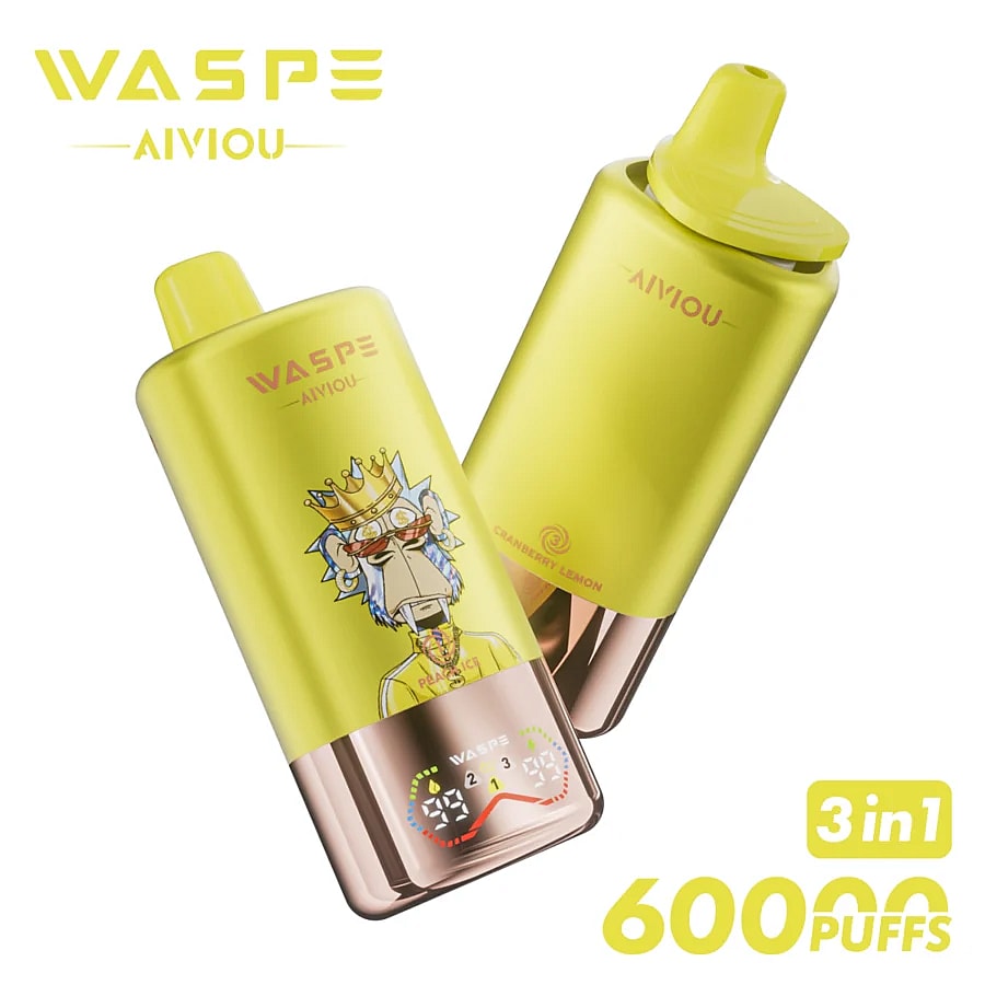A brightly colored yellow vape device featuring a cartoon monkey wearing a crown and jewelry, labeled "Cranberry Lemon," with digital puff counter indicators at the bottom and branding that reads 'WASPE AIVIOU.'
