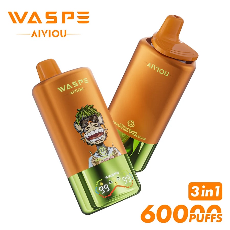 Two colorful vaping devices, one featuring a cartoon character with green hair and sunglasses, labeled 'WASPE AIVIOU', showcasing the flavors 'Strawberry Watermelon Bubblegum' and indicating capacity for 60000 puffs with a digital display.