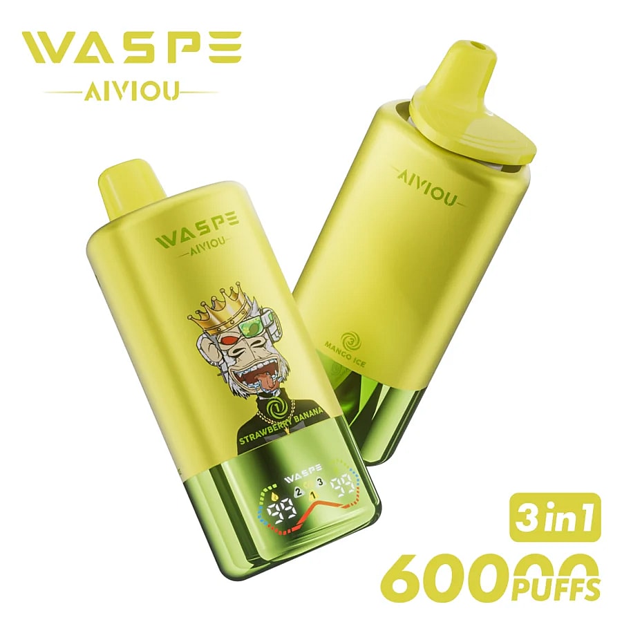 Two bright yellow vaping devices displayed side by side, featuring a playful monkey design with a crown on one and the flavor names 'Strawberry Banana' and 'Mango Ice' prominently labeled, along with a digital display indicating '3 in 1' and '60000 PUFFS.'