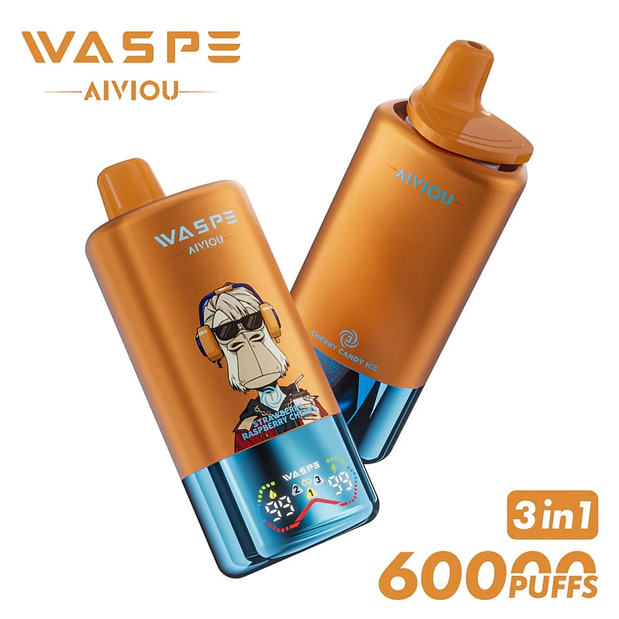 Two orange vape devices featuring a cartoon gorilla wearing headphones and sunglasses, labeled "Cherry Candy Ice" and "Strawberry Raspberry Chill," showcasing a digital display indicating puff count and other stats, with the text '3 in 1' and '60000 PUFFS' prominently displayed nearby.