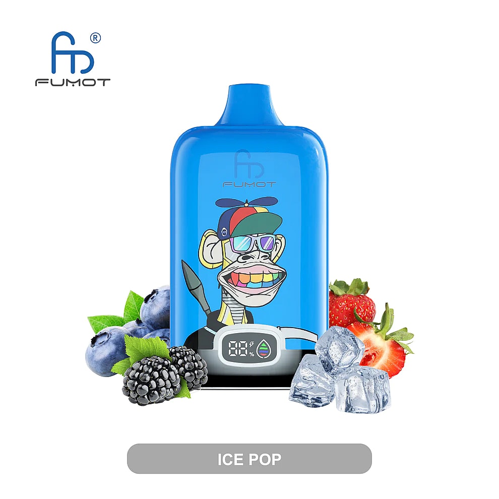 Dispositivo per svapare Blue Fumot raffigurante una scimmia dei cartoni animati che indossa occhiali da sole e un cappello a forma di elica, circondata da fragole, more, mirtilli e cubetti di ghiaccio.
