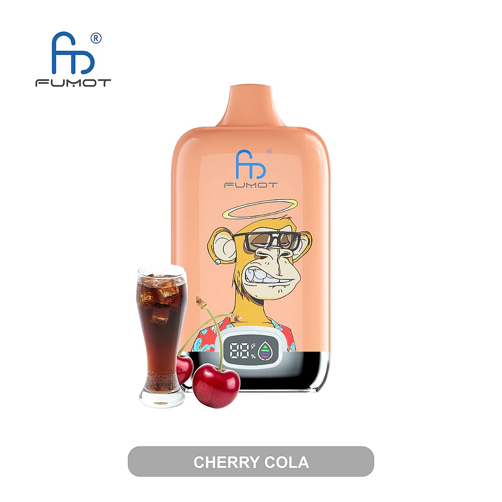 Un dispositivo per svapare raffigurante una scimmia con gli occhiali, con la scritta "Cherry Cola", accanto a un bicchiere di cola e due ciliegie.