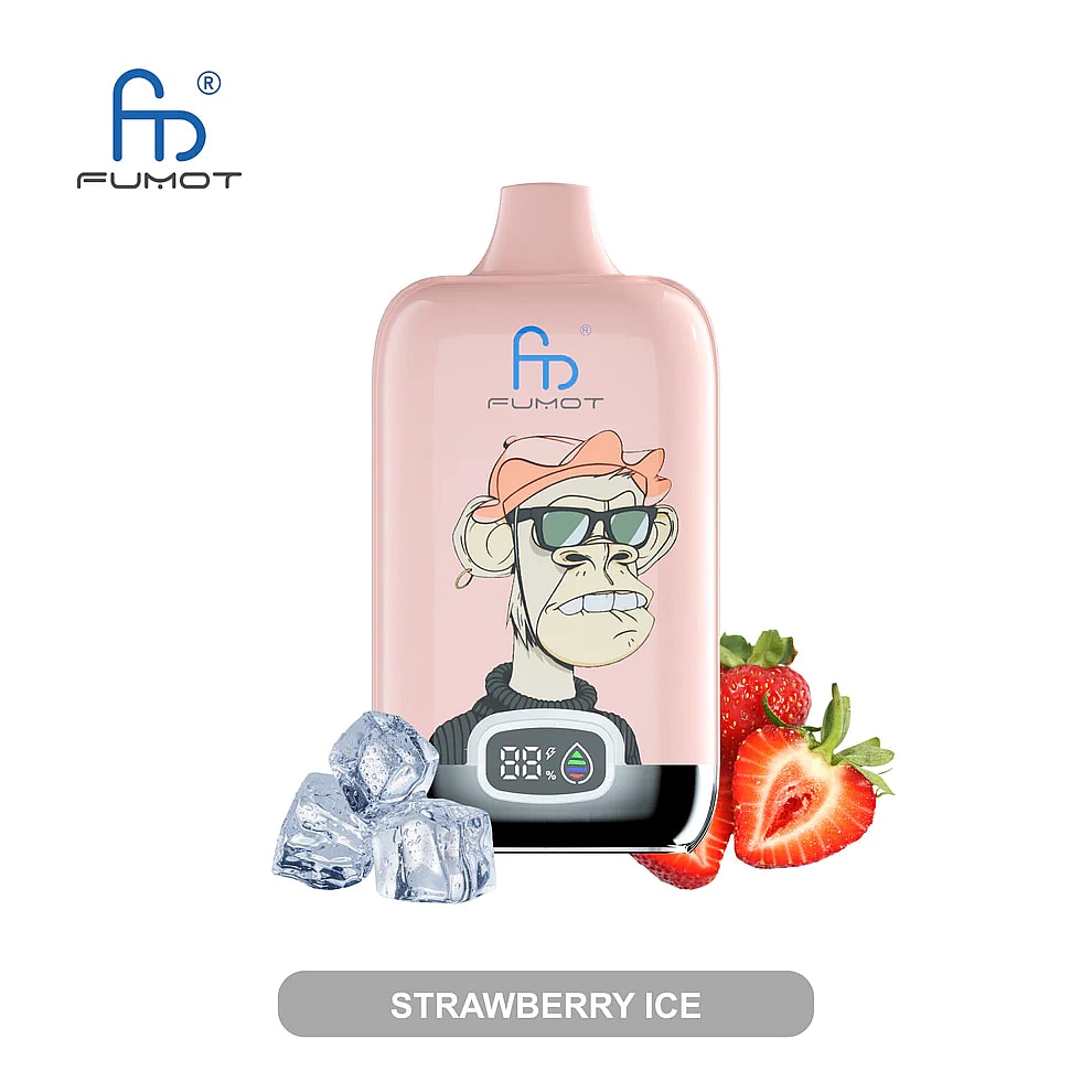 Dispositivo per svapare Fumot rosa con l'immagine di una scimmia dei cartoni animati che indossa occhiali da sole e un cappello, con fragole e cubetti di ghiaccio accanto, e la scritta "Strawberry Ice".
