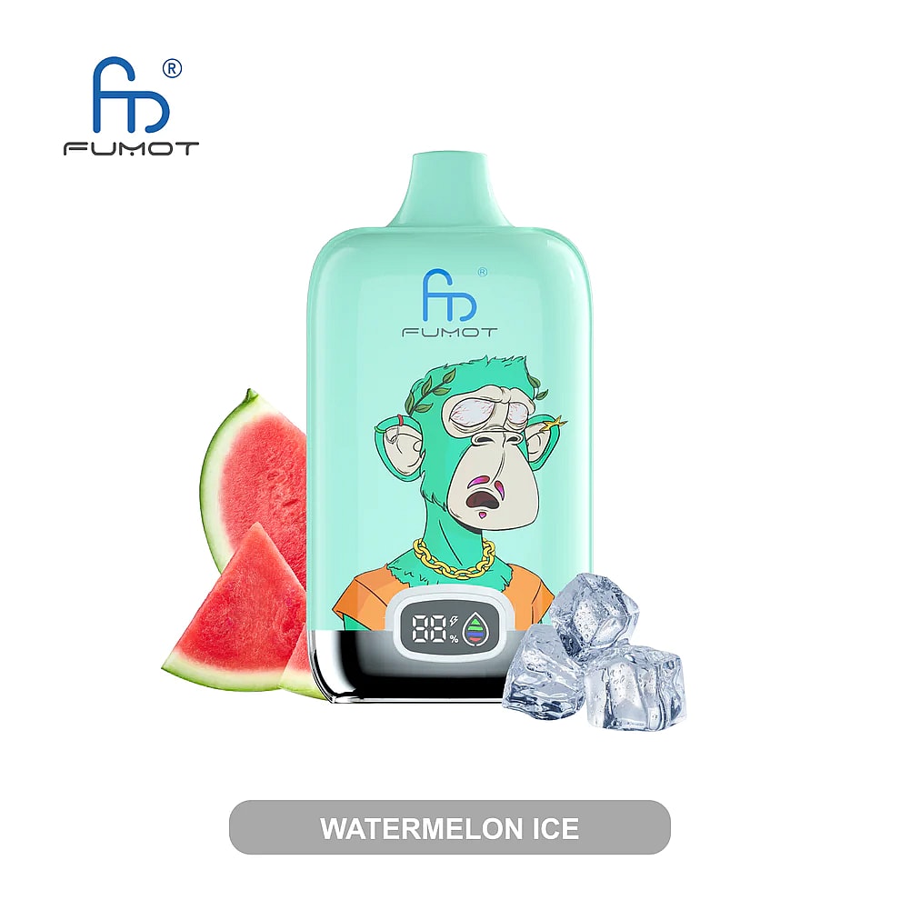 Un dispositivo per svapare verde menta con il disegno di una scimmia dei cartoni animati, cubetti di ghiaccio e fette di anguria, etichettato "WATERMELON ICE".