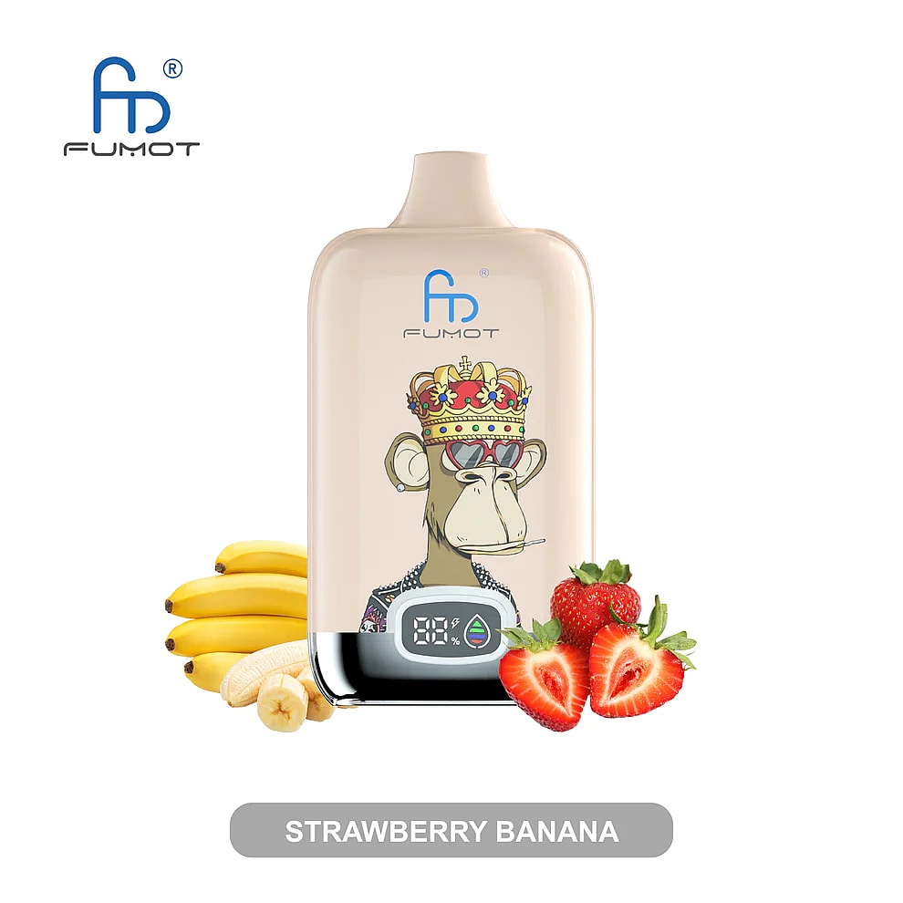 Un dispositivo per svapare beige con display digitale, raffigurante una scimmia dei cartoni animati che indossa una corona, circondata da fragole e banane, con la scritta "Strawberry Banana".