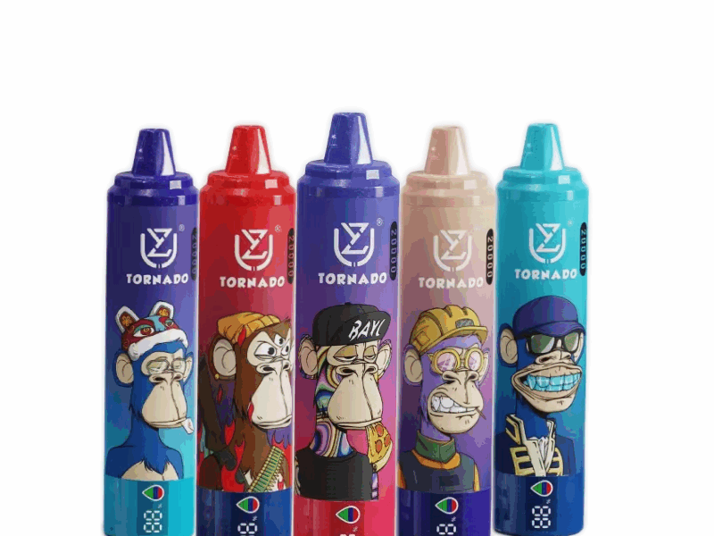 Fünf farbenfrohe Vape Pens mit Cartoon-Affen-Designs in verschiedenen Outfits und mit unterschiedlichen Ausdrücken. Die Marke „Tornado“ und ein Logo sind auf jedem Pen sichtbar.