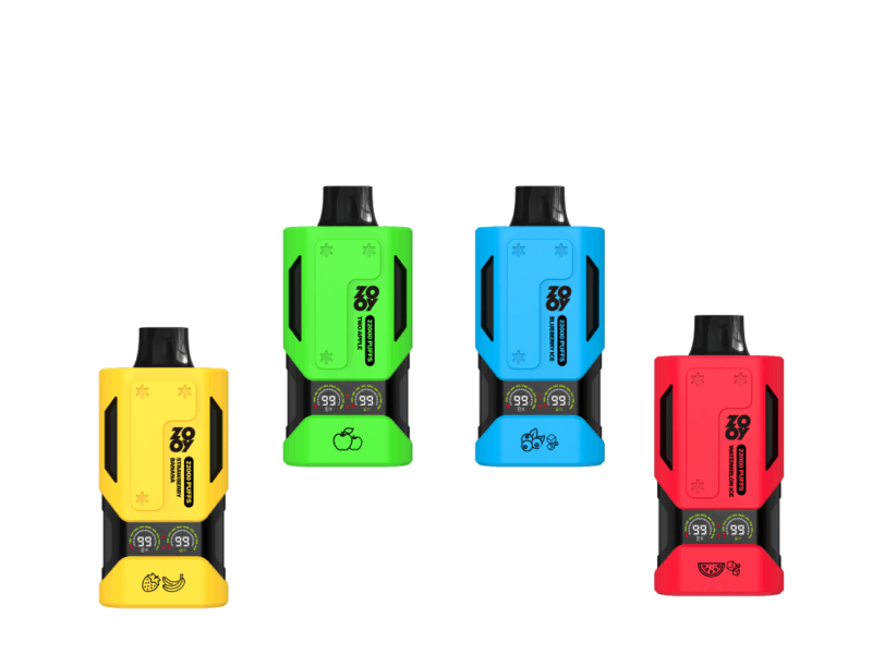Vier farbenfrohe Vape-Geräte: Gelb mit Bananendesign, Grün mit Apfeldesign, Blau mit Fruchtsymbolen und Rot mit Wassermelonendesign, jeweils mit digitalen Anzeigebildschirmen.